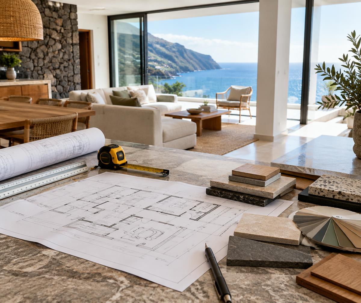 Renovation plans and material samples in a Madeira property
