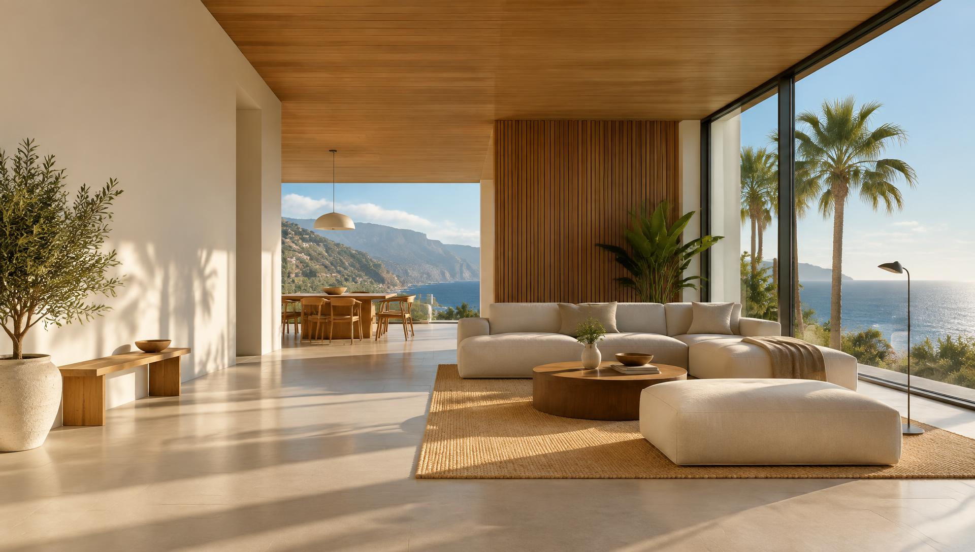 Bright renovated Madeira interior with warm wooden wall and ceiling